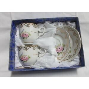 VTG SP Czecho Czechoslovakia Teacup w/Saucer Hand-Painted Floral Gold Trim SET/2
